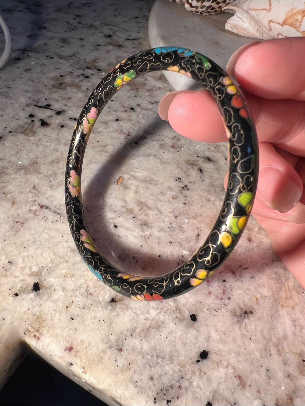 Black Floral Cloisonné Bangle Bracelet - Multicolor Accents